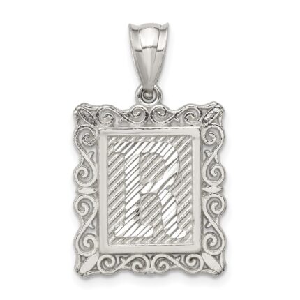 Sterling Silver Square Diamond-cut Letter R Initial Pendant