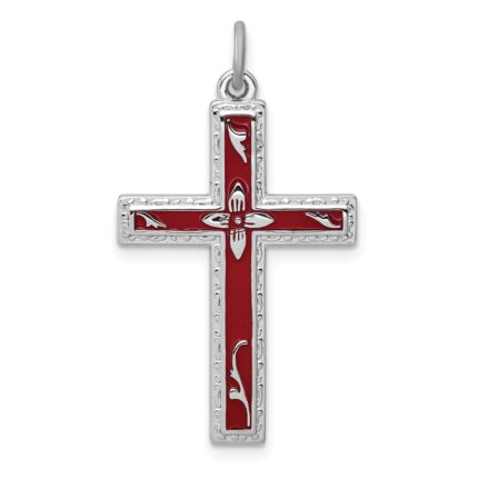 Sterling Silver Platinum-plated Red Enameled Cross Pendant