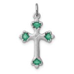 Sterling Silver Platinum-plated Green Enameled Budded Cross Charm