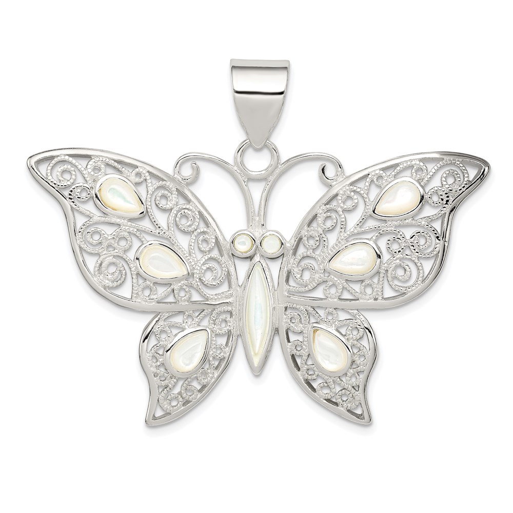 QC5004.jpg Sterling Silver Filigree Fancy Mother of Pearl Butterfly Pendant - Image 1