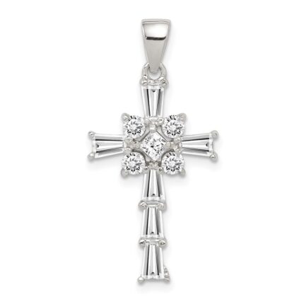 Sterling Silver Rhodium Plated CZ Latin Cross Pendant