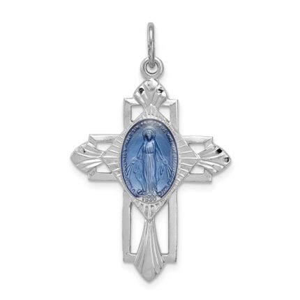 Sterling Silver Platinum-plated Miraculous Medal Cross Pendant