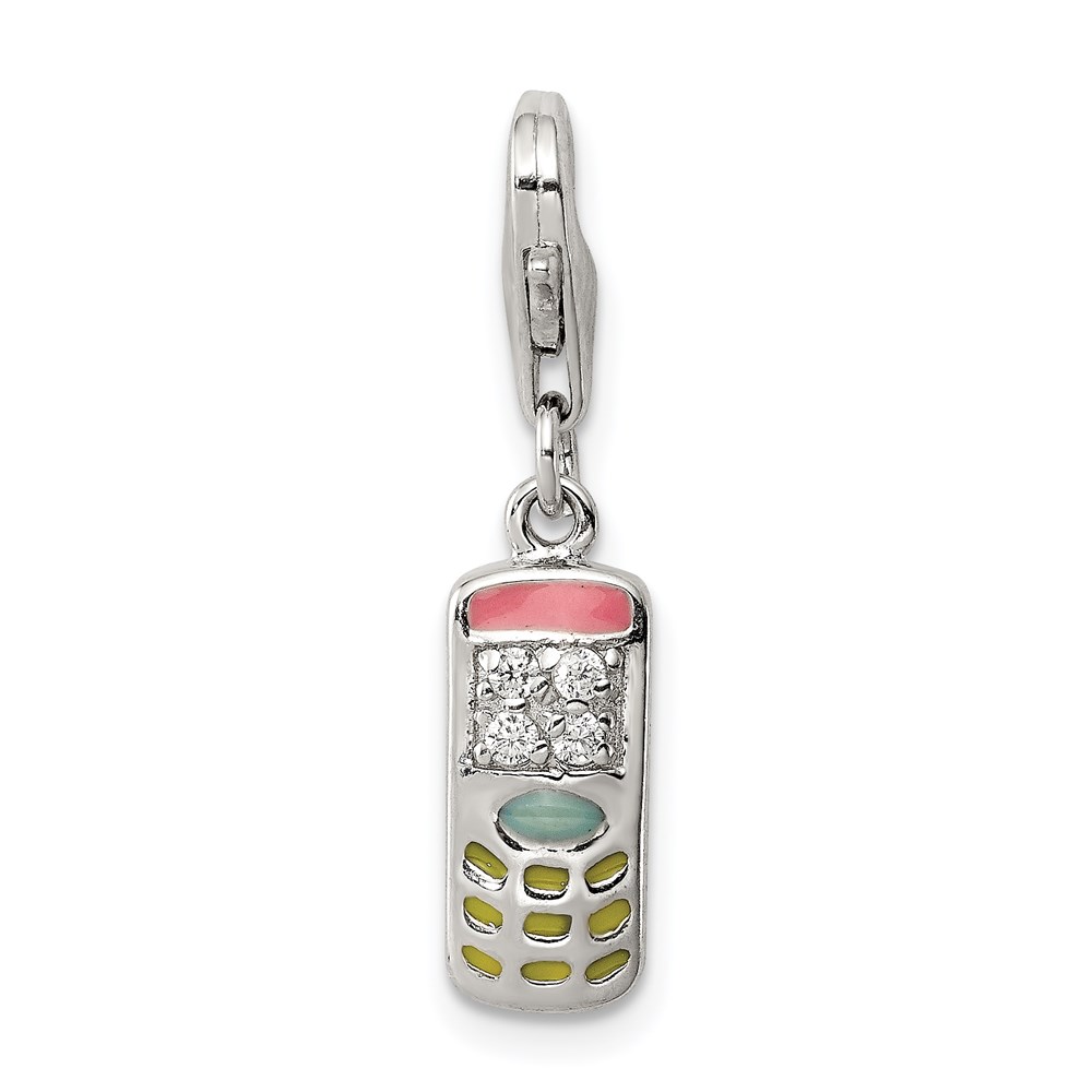 QC6164.jpg Sterling Silver Rhodium-plated Enameled and CZ Cell Phone Charm - Image 1