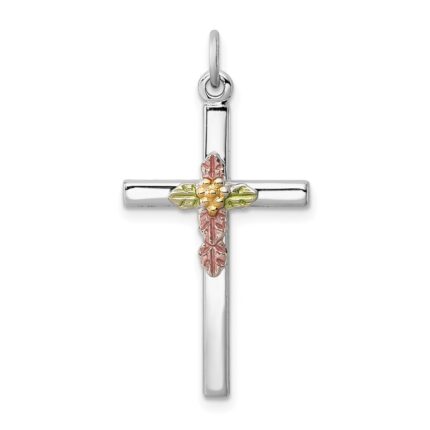 Sterling Silver Platinum-plated Polished Epoxy & Gold-plated Cross Pendant
