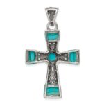 Sterling Silver Synthetic Turquoise Antiqued Cross Pendant - Image 4