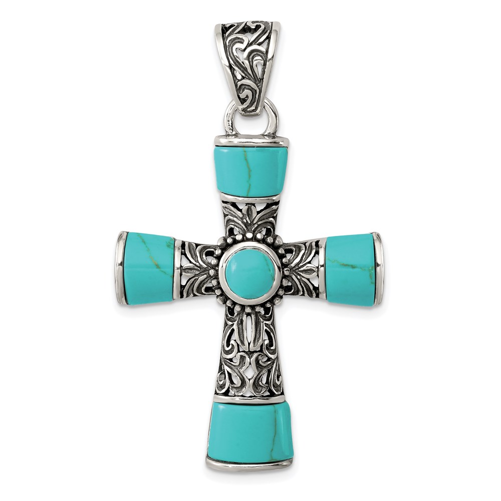 QC8145.jpg Sterling Silver Synthetic Turquoise Antiqued Cross Pendant - Image 1
