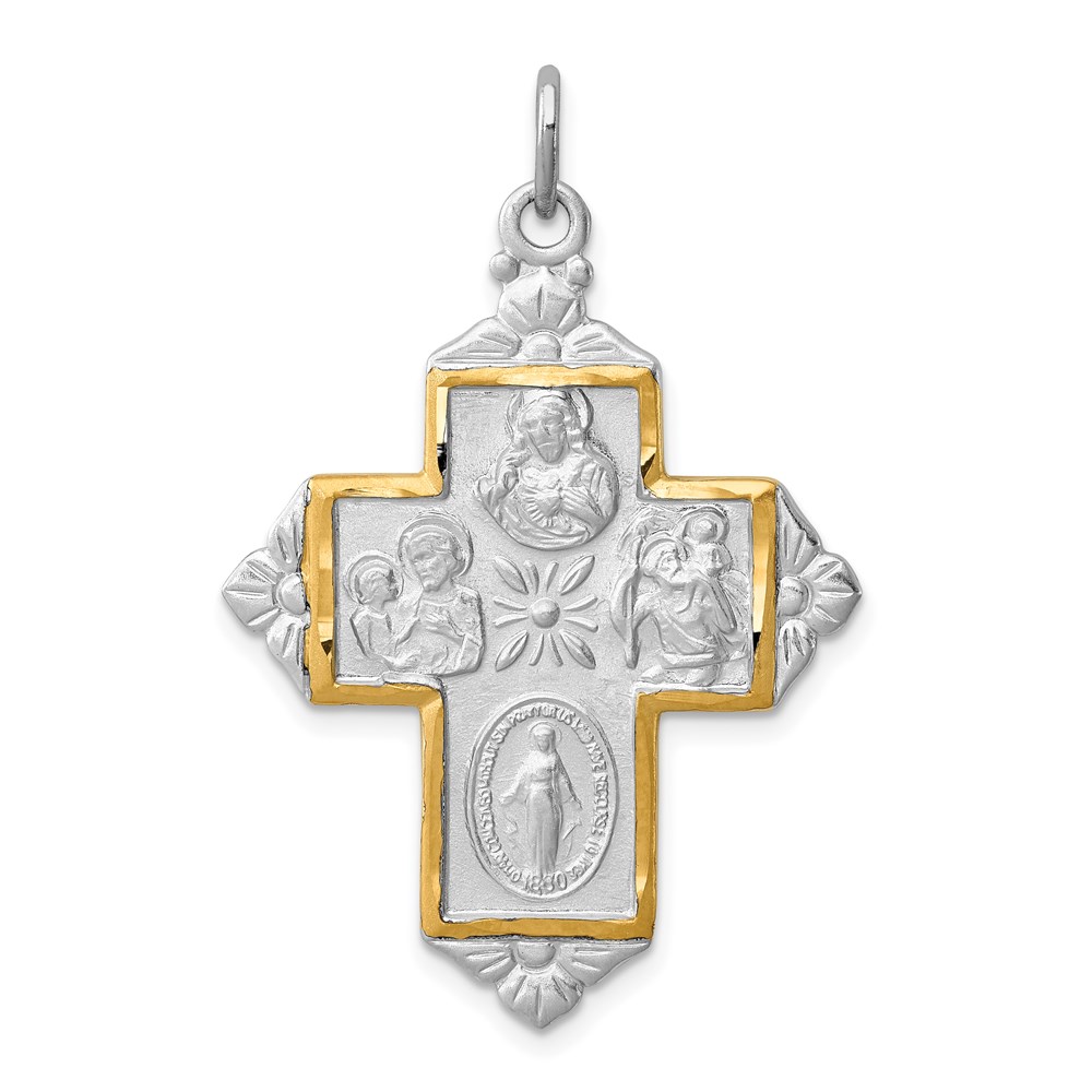 QC8386.jpg Sterling Silver Platinum-plated & Gold-tone 4-Way Medal Cross Pendant - Image 1