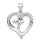 Sterling Silver Rhodium-plated Polished Heart with CZ Cross Pendant - Image 3
