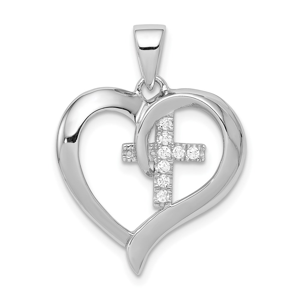 QC8486.jpg Sterling Silver Rhodium-plated Polished Heart with CZ Cross Pendant - Image 1