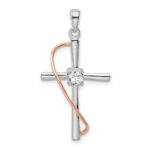 Sterling Silver Rhodium & Rose-tone Polished CZ Cross Pendant
