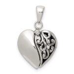 Sterling Silver Polished and Antiqued I LOVE YOU Message within a Decorative Scroll Patterned Moveable Opening Shell Heart Pendant