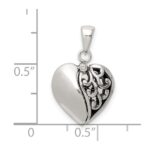 Sterling Silver Polished and Antiqued I LOVE YOU Message within a Decorative Scroll Patterned Moveable Opening Shell Heart Pendant - Image 4