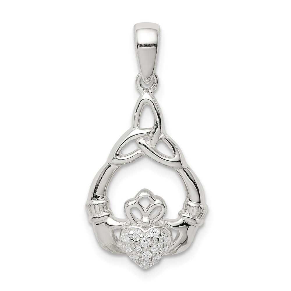 QC9563.jpg Sterling Silver Polished CZ Claddagh w/Trinity Knot Pendant - Image 1