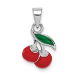 Sterling Silver RH-plated Red & Green Enameled Cherry Children's Pendant