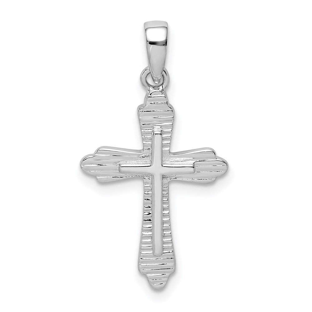 QC9703.jpg Sterling Silver Rhodium-plated Striped Texture Cross Pendant - Image 1