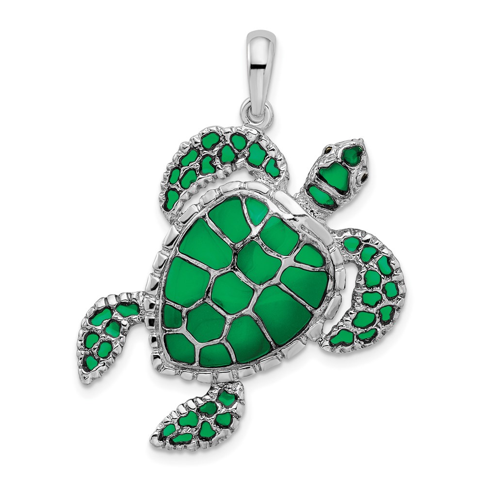 QC9777.jpg De-Ani Sterling Silver Rhodium-Plated Polished Enameled Green Sea Turtle Pendant - Image 1