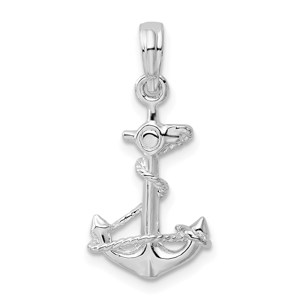 QC9877.jpg De-Ani Sterling Silver Rhodium-Plated Polished 3D Anchor with Rope Pendant - Image 1