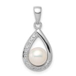 Sterling Silver Rhodium 6mm FW Cltrd Pearl & Diamond Teardrop Pendant
