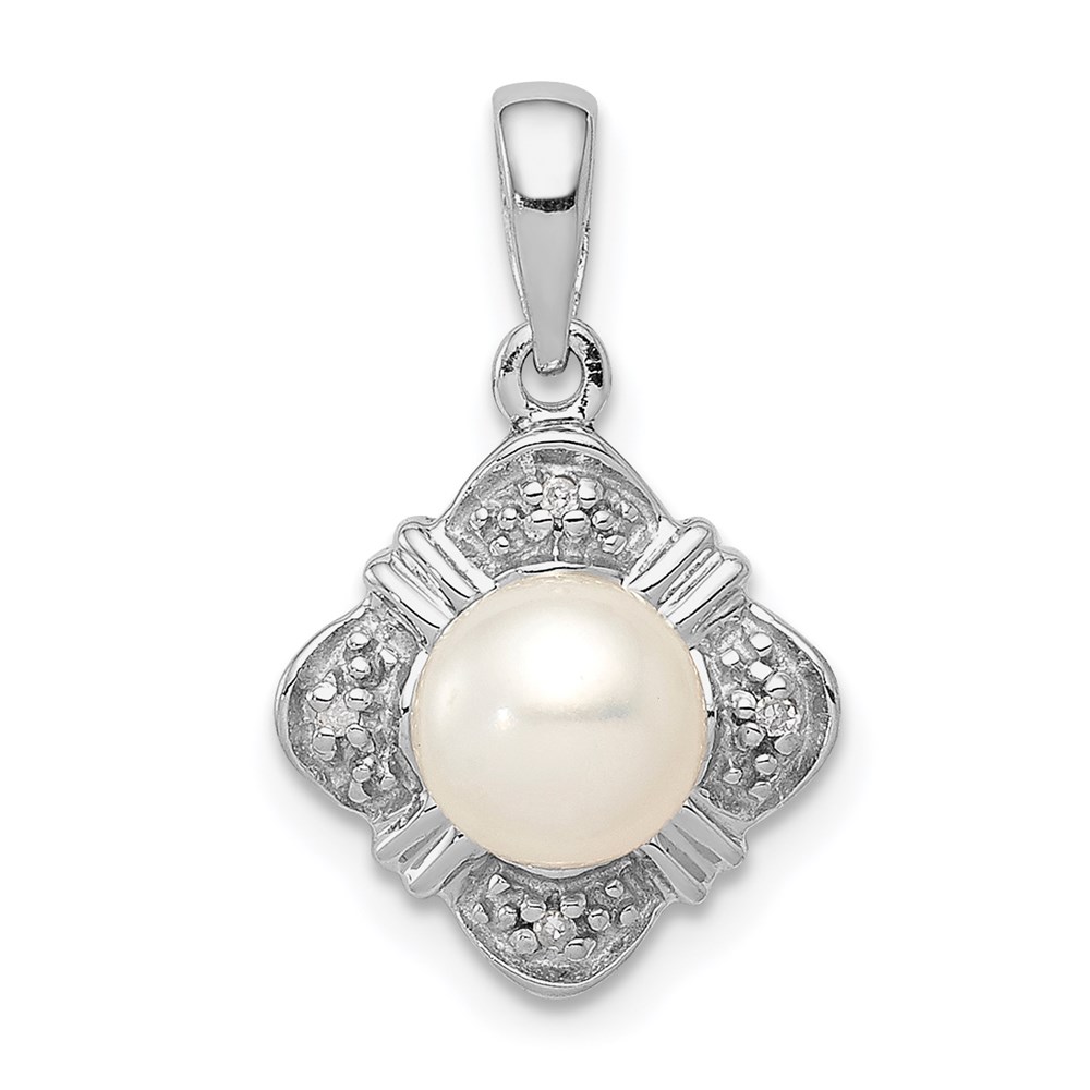 QDX321.jpg Sterling Silver Rhodium FW Cultured Pearl & Diamond Pendant - Image 1