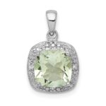 Sterling Silver Rhodium Plated Green Quartz and Diamond Pendant