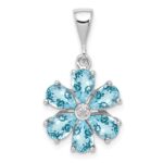 Sterling Silver Rhodium Light Swiss Blue Topaz & Diamond Flower Pendant