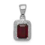 Sterling Silver Rhodium Emerald-cut Garnet & Diamond Pendant