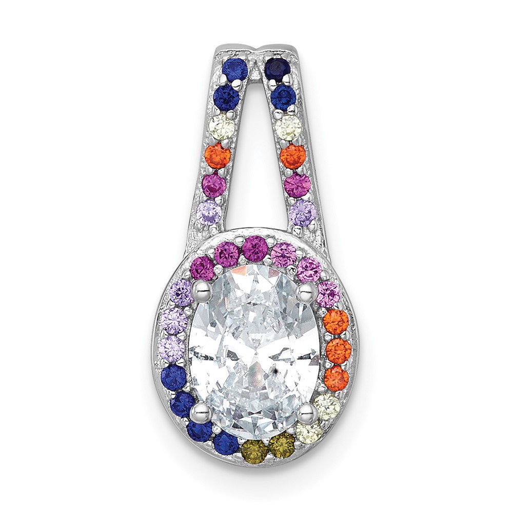 QG7174P.jpg Sterling Silver Rhodium-plated Polished Multi-color Rainbow CZ Oval Halo Chain Slide Pendant - Image 1