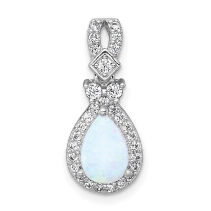 Sterling Silver Rhodium-plated Polished Lab Created Opal and CZ Teardrop Halo Chain Slide Pendant