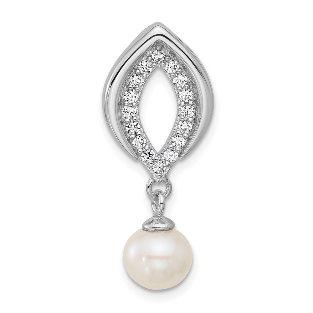 QG7178P.jpg Sterling Silver Rhodium-plated Polished CZ and 6-7mm Freshwater Cultured Pearl Dangle Chain Slide Pendant - Image 1