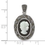 Sterling Silver Antiqued Marcasite with Black Agate and Mother of Pearl Cameo Pendant - Image 4