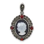 Sterling Silver Antiqued Marcasite and Garnet with Black Agate and Mother of Pearl Cameo Pendant