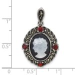 Sterling Silver Antiqued Marcasite and Garnet with Black Agate and Mother of Pearl Cameo Pendant - Image 4