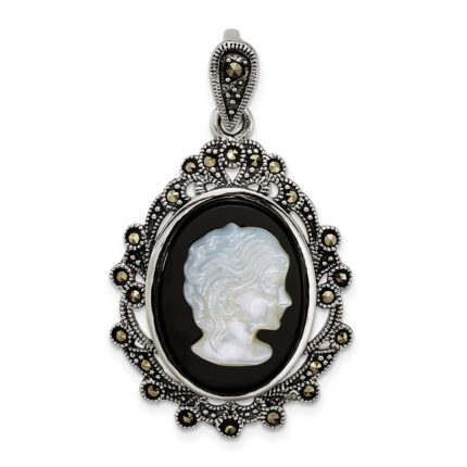 Sterling Silver Antiqued Marcasite with Black Agate and Mother of Pearl Cameo Pendant