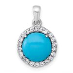 Sterling Silver Rhodium-plated Polished CZ Halo and Reconstituted Turquoise Cabochon Circle Pendant
