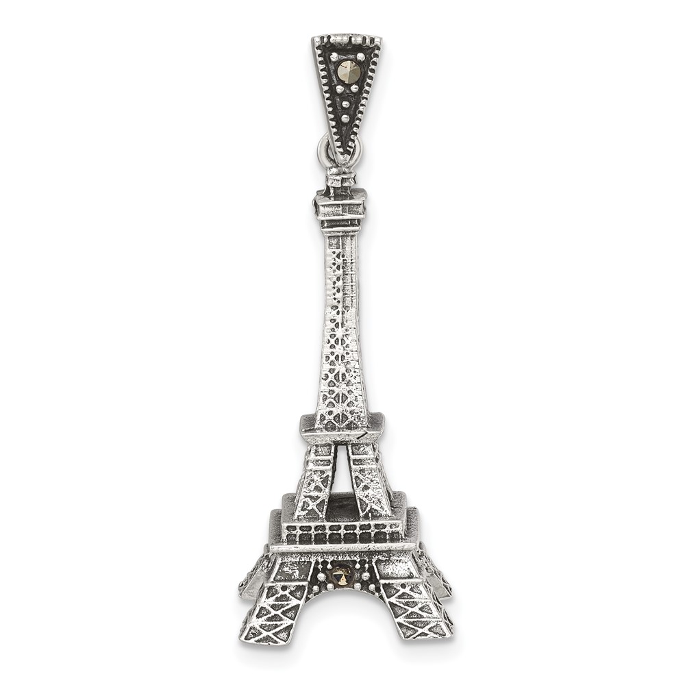 QG7195P.jpg Sterling Silver Antiqued Marcasite 3-D Eiffel Tower Pendant - Image 1