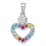 Sterling Silver Rhodium-plated Polished Rainbow CZ Double Heart Pendant