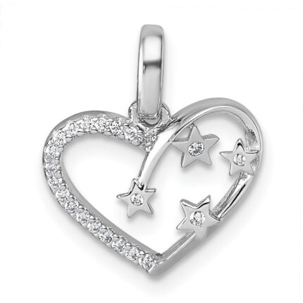 Sterling Silver Rhodium-plated CZ Polished Open Heart with Stars Pendant