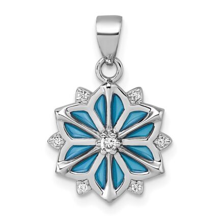 Sterling Silver Rhodium-plated Blue Enamel and White CZ Snowflake Pendant