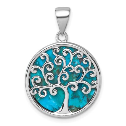 Sterling Silver Rhodium-plated Polished Compressed Turquoise Tree Of Life Pendant