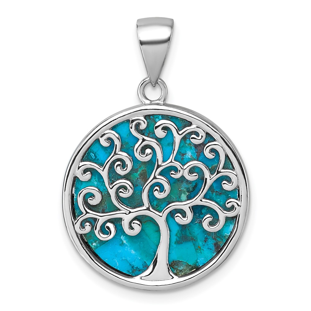 QG7220P.jpg Sterling Silver Rhodium-plated Polished Compressed Turquoise Tree Of Life Pendant - Image 1