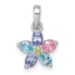 Sterling Silver Rhodium-plated Polished Purple, Pink, Blue and Green CZ Flower Pendant