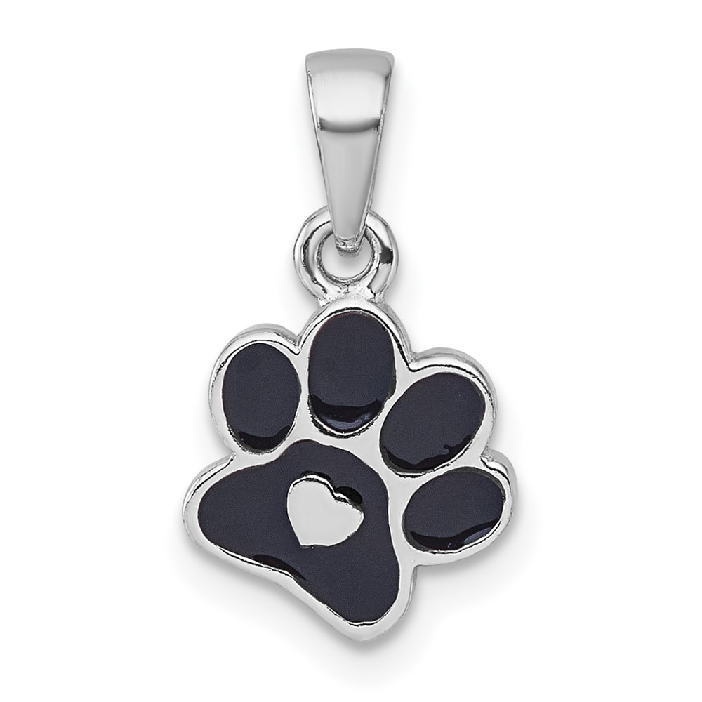QG7238P.jpg Sterling Silver Rhodium-plated Polished Black Enamel Paw Print with Heart Pendant - Image 1
