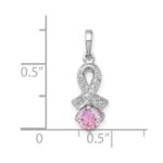 Sterling Silver Rhodium-plated Polished Round Pink and White CZ Awareness Ribbon Pendant - Image 4
