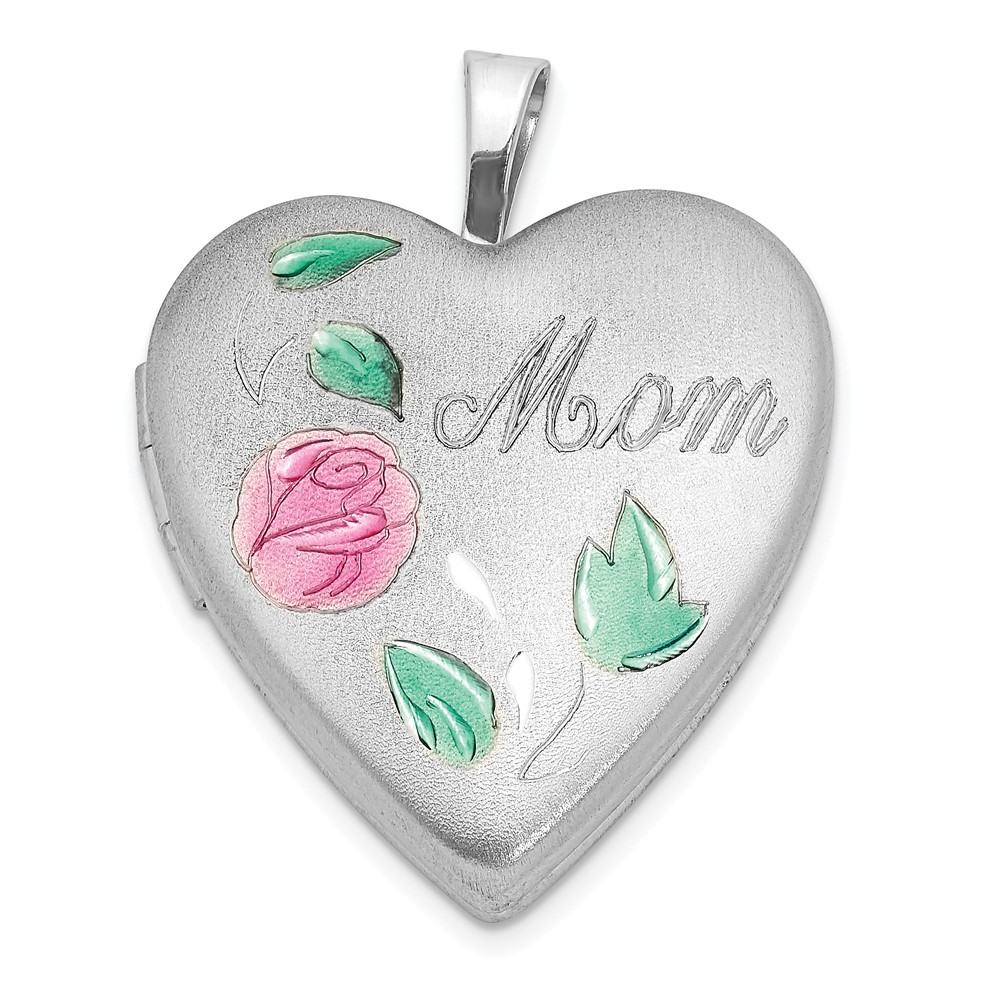 QLS1033.jpg Sterling Silver Rhodium-plated Enameled Flower w/ Mom 20mm Heart Locket - Image 1
