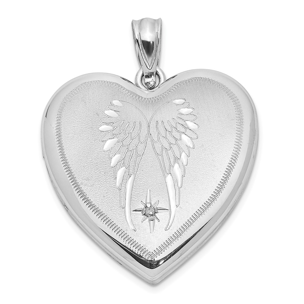 QLS1036.jpg Sterling Silver Rhodium-plated Satin Diamond Wings 24mm Heart Locket - Image 1
