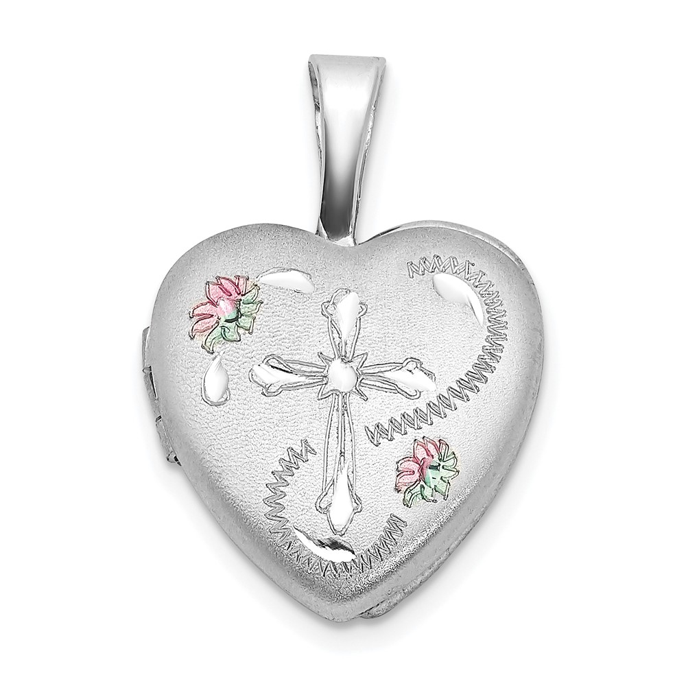 QLS1039.jpg Sterling Silver Rhodium-plated D/C Enameled Floral Cross 12mm Heart Locket - Image 1