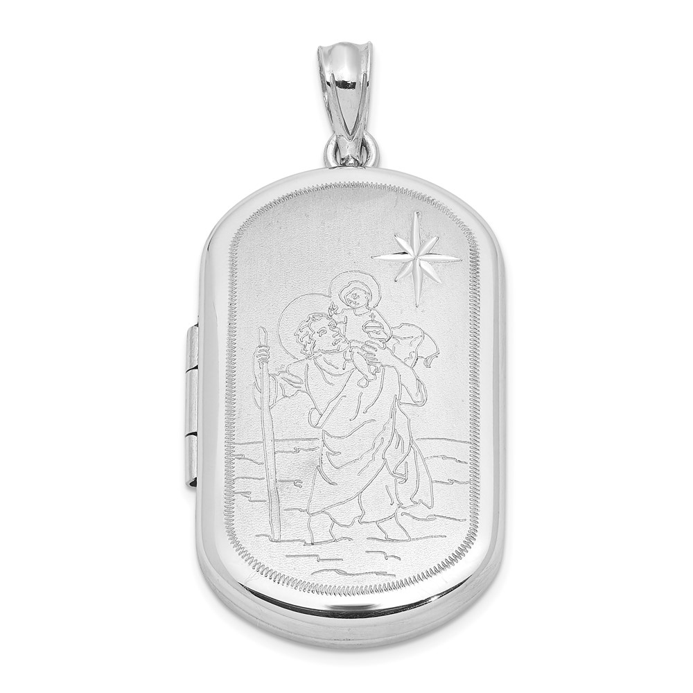 QLS1090.jpg Sterling Silver RH-plated Satin St. Christopher 30x19mm Rectangle Locket - Image 1