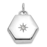 Sterling Silver Rhodium-plated Polished CZ Star 16mm Hexagon Locket