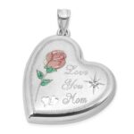 Sterling Silver Rhodium-plated Brushed 1/20 carat Diamond Pink and Green Enameled Rose LOVE YOU MOM 24mm Heart Locket