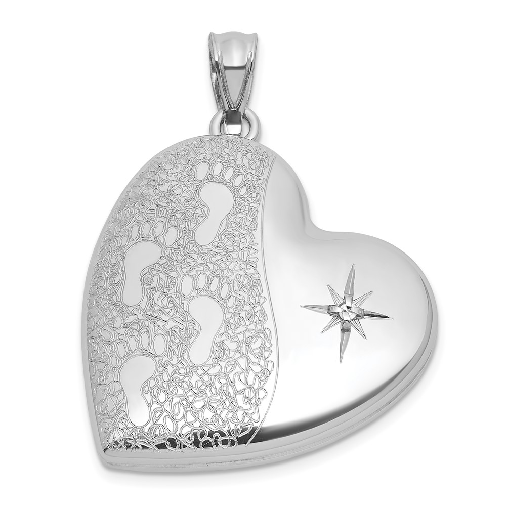 QLS1201.jpg Sterling Silver Rhodium-plated Brushed And Polished 1/20 carat Diamond Foot Prints 24mm Heart Locket - Image 1